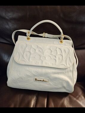Boccadamo White Embossed Leather Satchel with Top Handle